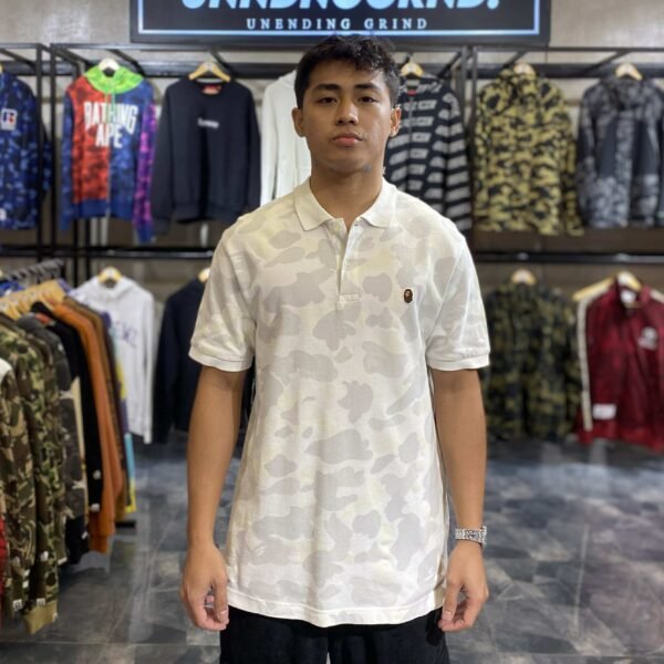 BAPE White Camo Ape Head Glow In The Dark Polo Shirt (Large)