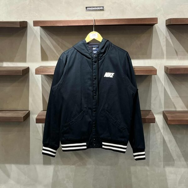 NIKE Spell Out Black Button Down Varsity W/ Hood (Large)