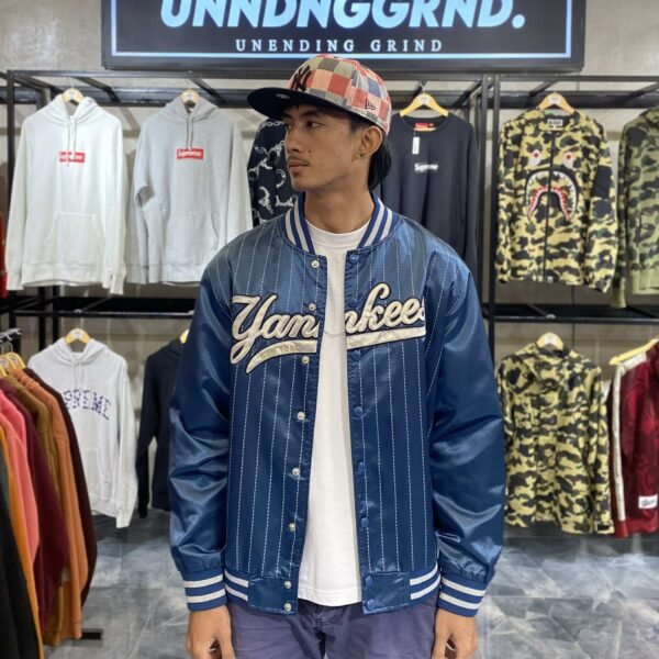 MLB Yankees Blue Stripes Silk Varsity Jacket (Large)