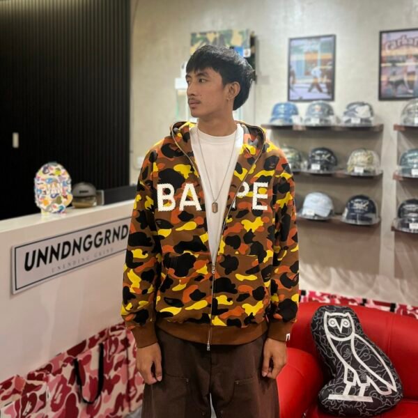 BRANDNEW BAPE 1st Camo Rhinestone Logo Orange Full Zip Hoodie (Large)