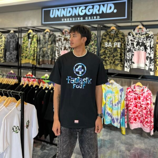 BRANDNEW BAPE x MARVEL F4 Blue Camo Black Tee (XL)