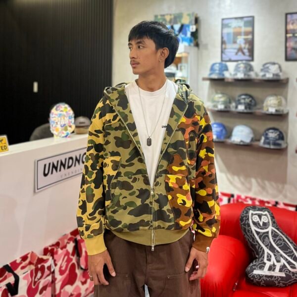 BRANDNEW BAPE 1st Camo Upcycled Patchwork Flame Relaxed Fit Zip Up Hoodie (Large)