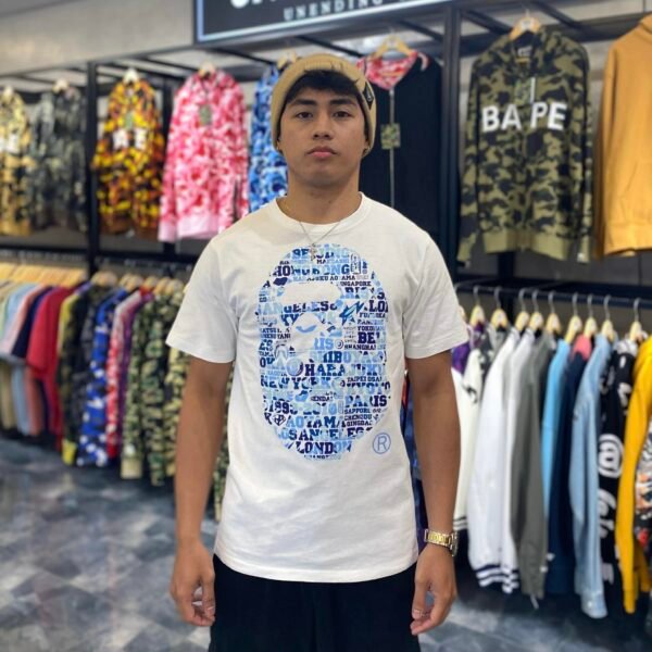 BAPE XXV Cities Blue Camo Big Head White Tee (Small)