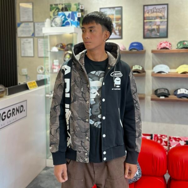 AAPE Gray Camo Navy Blue Varsity Jacket W/ Hood (XL) - SOLD