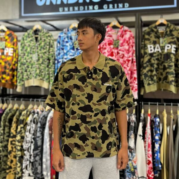 BRANDNEW BAPE 1st Camo Jacquard Logo Green Polo Shirt (Large)