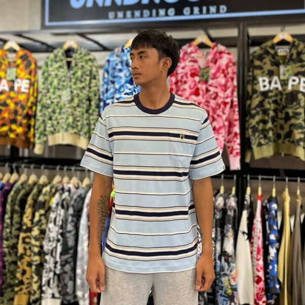 BRANDNEW BAPE One Point Pocket Stripe Blue Relaxed Fit Tee (Medium)