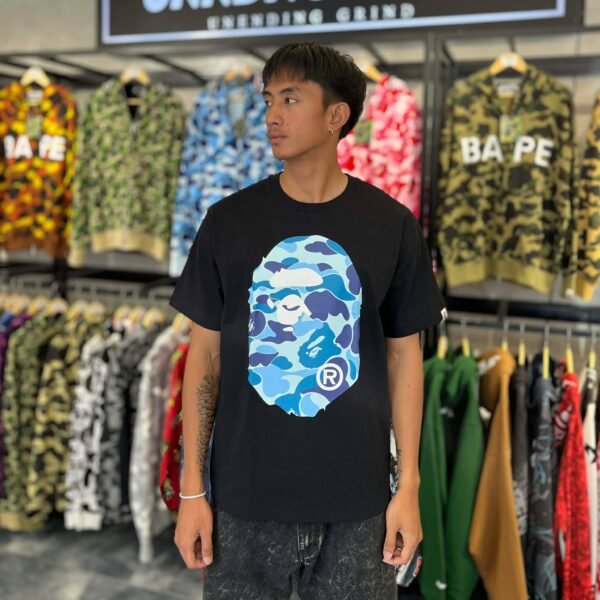 BRANDNEW BAPE ABC Blue Camo Mirror Big Ape Head Black Tee (Large)