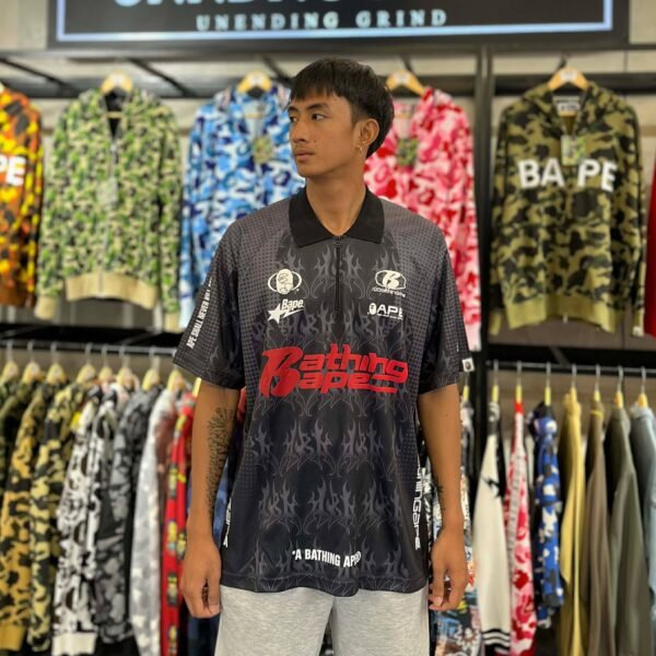 BRANDNEW BAPE Flame Pattern Overall Print Half Zip Black Polo Shirt (Large)