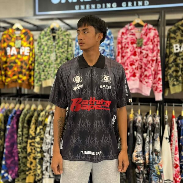 BRANDNEW BAPE Flame Pattern Overall Print Half Zip Black Polo Shirt (Medium) - SOLD