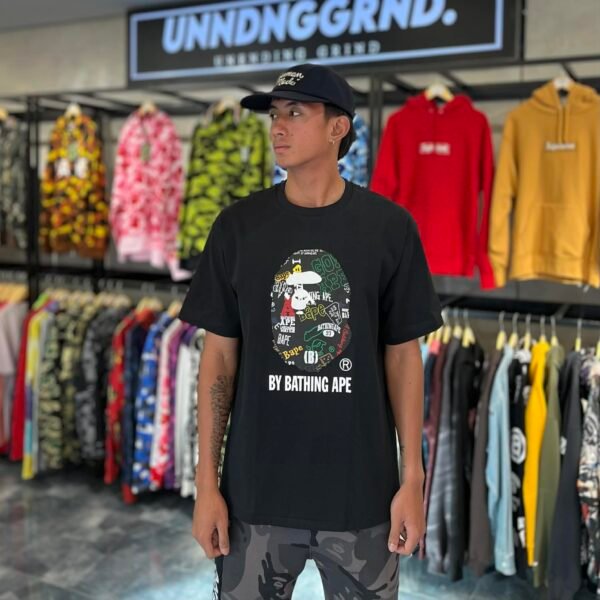 BRANDNEW BAPE Hand Draw Pattern Big Head Black Tee (XL) - SOLD