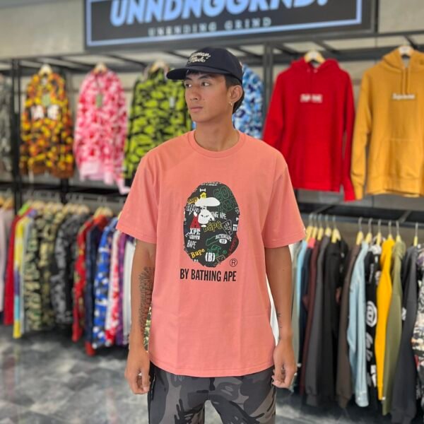 BRANDNEW BAPE Big Head Hand Draw Pattern Pink Tee (XL)