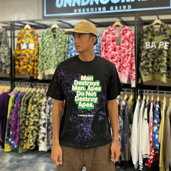 BRANDNEW BAPE Spray Print Slogan Black Relaxed Fit Tee (Small)