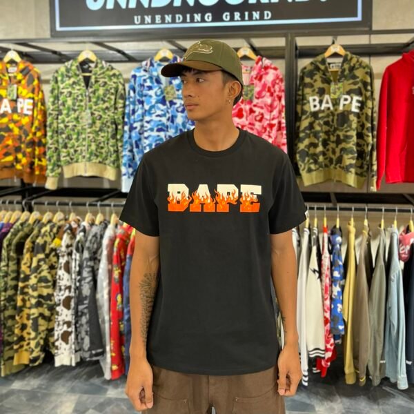 BRANDNEW BAPE Flame Logo Spell Out Black Tee (Large)