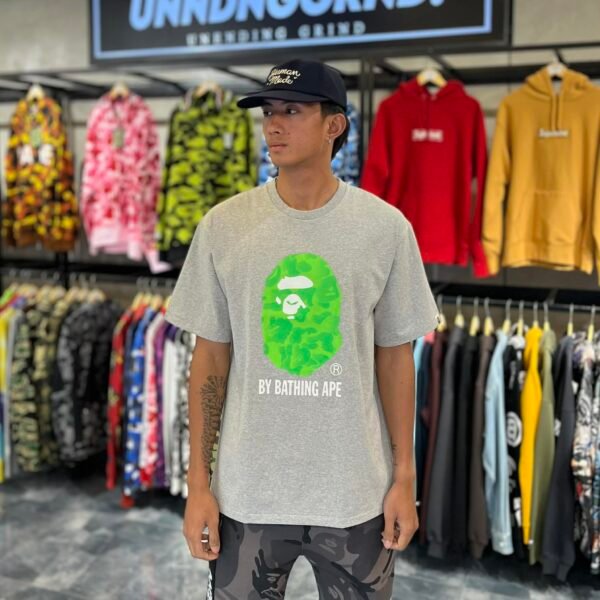 BRANDNEW BAPE Green Ink Camo Big Head Gray Tee (XL)