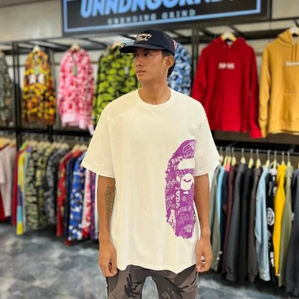 BRANDNEW BAPE Hand Draw Pattern Purple Side Big Head White Tee (2XL)