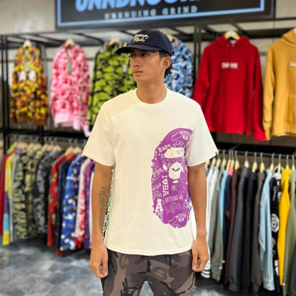 BRANDNEW BAPE Hand Draw Pattern Purple Side Big Head White Tee (Large) - SOLD
