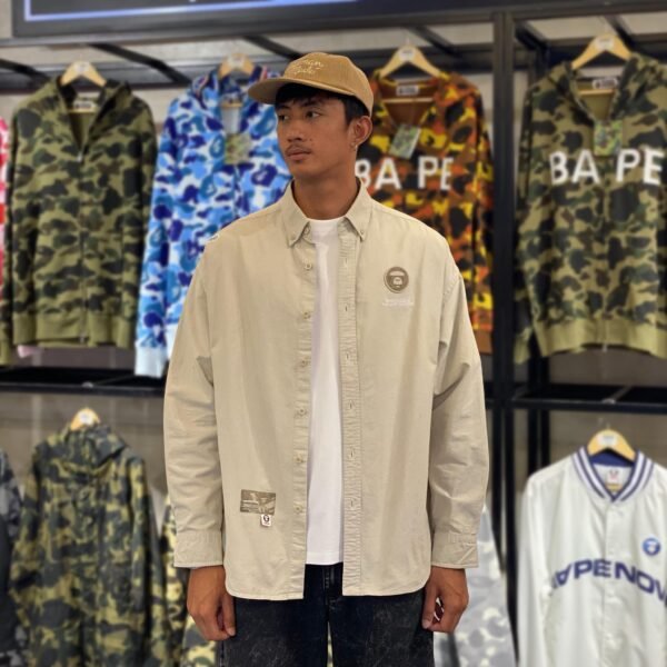 AAPE Moonface Patch Beige Polo Long Sleeves (Medium)