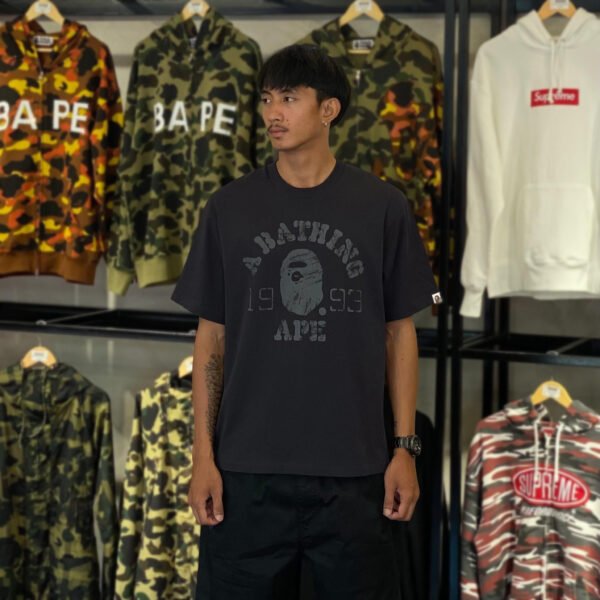 BRANDNEW BAPE Screen Print College Relaxed Fit Charcoal Black Tee (Medium)