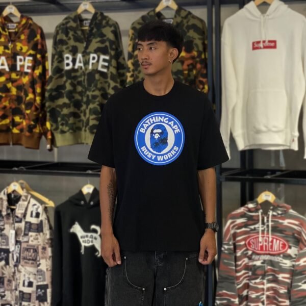 BRANDNEW BAPE Floral Solid Blue Camo Busy Works Relaxed Fit Black Tee (Large)