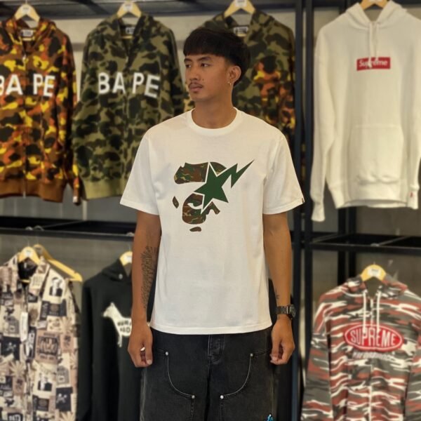 BRANDNEW BAPE Glitch Woodland Green Ape Face STA White Tee (Large)