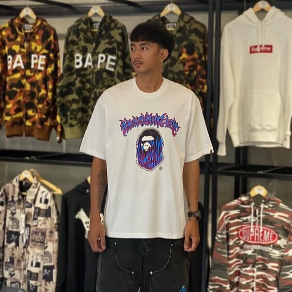 BRANDNEW BAPE Mad Flame Ape Head Relaxed Fit White Tee (Large)