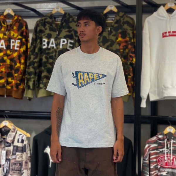 BRANDNEW AAPE Blue Pennant Graphic Relaxed Fit Gray Tee (Medium)