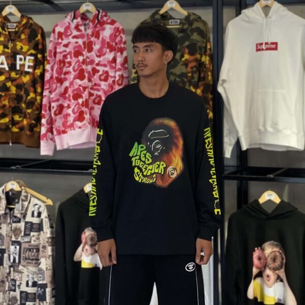 BRANDNEW BAPE Sports Ape Together Strong Black Long Sleeves Tee (Large)