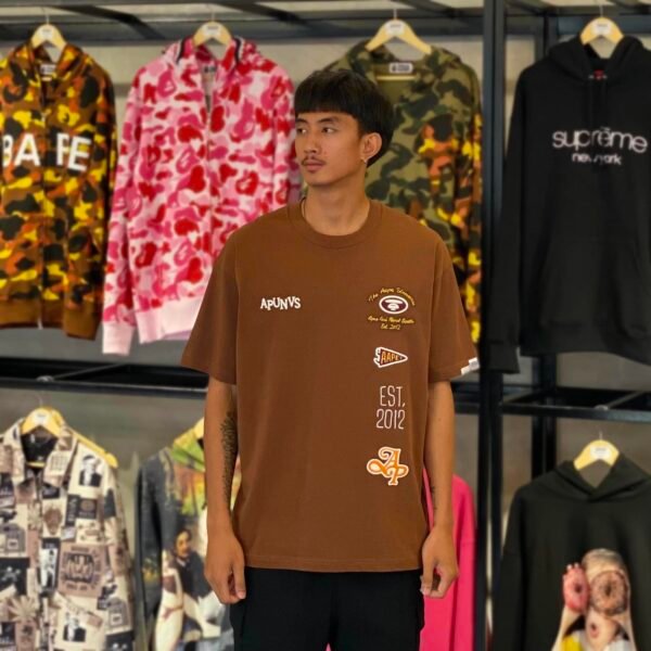 BRANDNEW AAPE BY *A BATHING APE® Embroidered Multi-Logo Patches Relaxed Fit Brown Tee (Large)