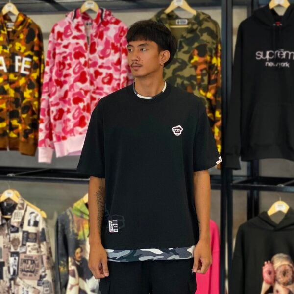 BRANDNEW AAPE BY *A BATHING APE® Moonface Logo Camouflage Detail Relaxed Fit Black Tee (Large) - SOLD