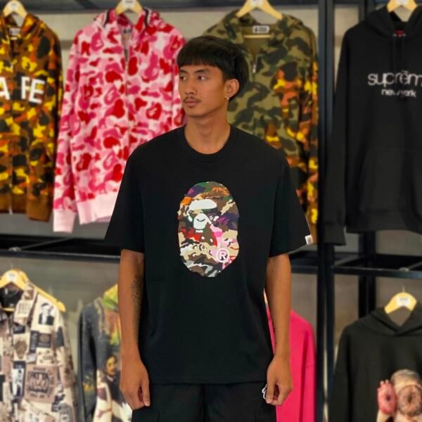 BRANDNEW BAPE Hybrid Camo Head Mirror Logo Relaxed Fit Black Tee (Large)