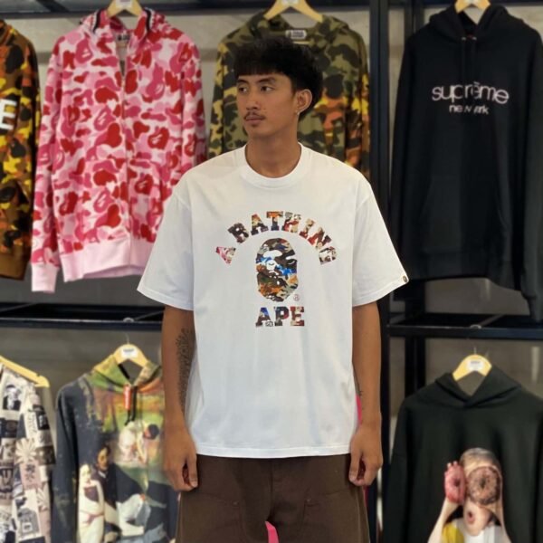 BRANDNEW BAPE Hybrid Camo College Relaxed Fit White Tee (Large)