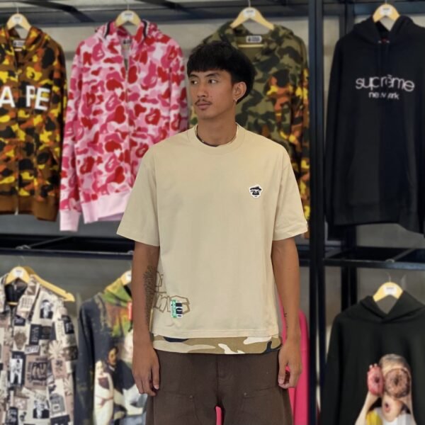 BRANDNEW AAPE BY *A BATHING APE® Moonface Logo Camouflage Detail Relaxed Fit Beige Tee (Medium)