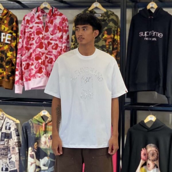 BRANDNEW BAPE Rhinestone College Logo Relaxed Fit White Tee (Large) - SOLD
