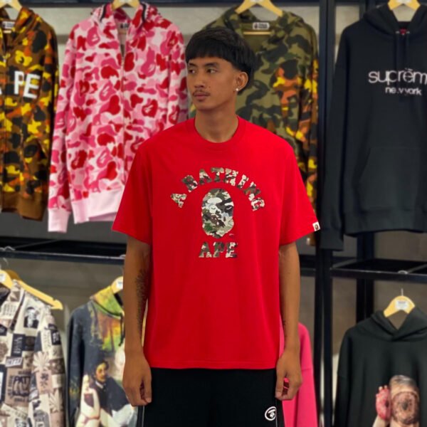 BRANDNEW BAPE Hybrid Camo College Logo Relaxed Fit Red Tee (Medium)