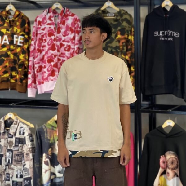 BRANDNEW AAPE BY *A BATHING APE® Moonface Logo Camouflage Detail Relaxed Fit Beige Tee (Large)