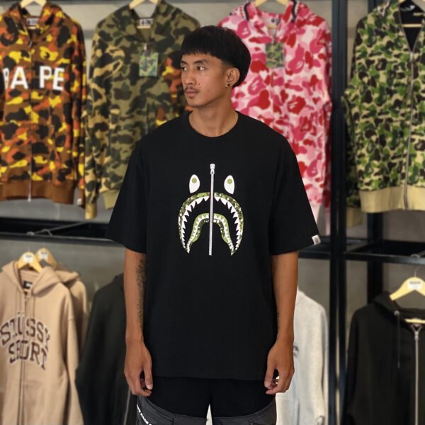 BRANDNEW BAPE Shark Green Camo Relaxed Fit Black Tee (XL) - SOLD