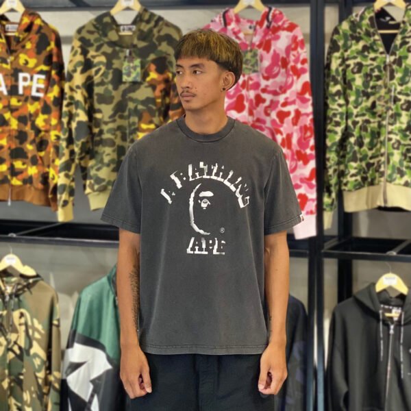 BRANDNEW BAPE Garment Dye Spray Print College Relaxed Fit Acid Black Tee (Medium)