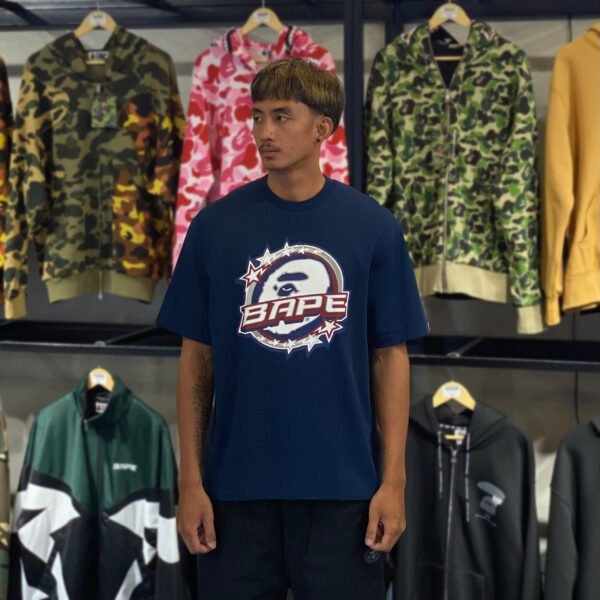 BRANDNEW BAPE Twin STA Logo Relaxed Fit Navy Blue Tee (Medium)
